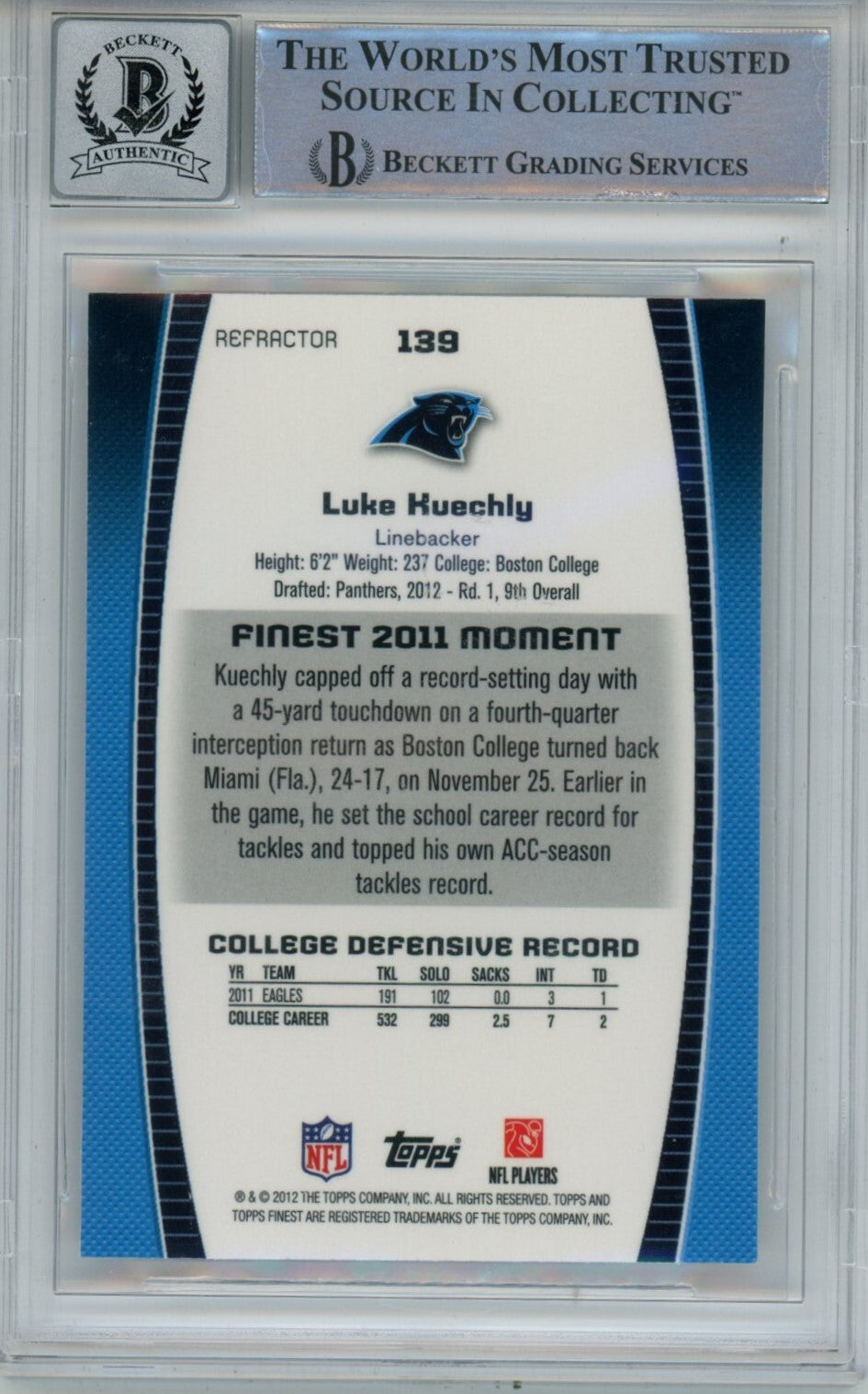 Luke Kuechly Signed Carolina Panthers 2012 Finest Refractor Card BAS 10
