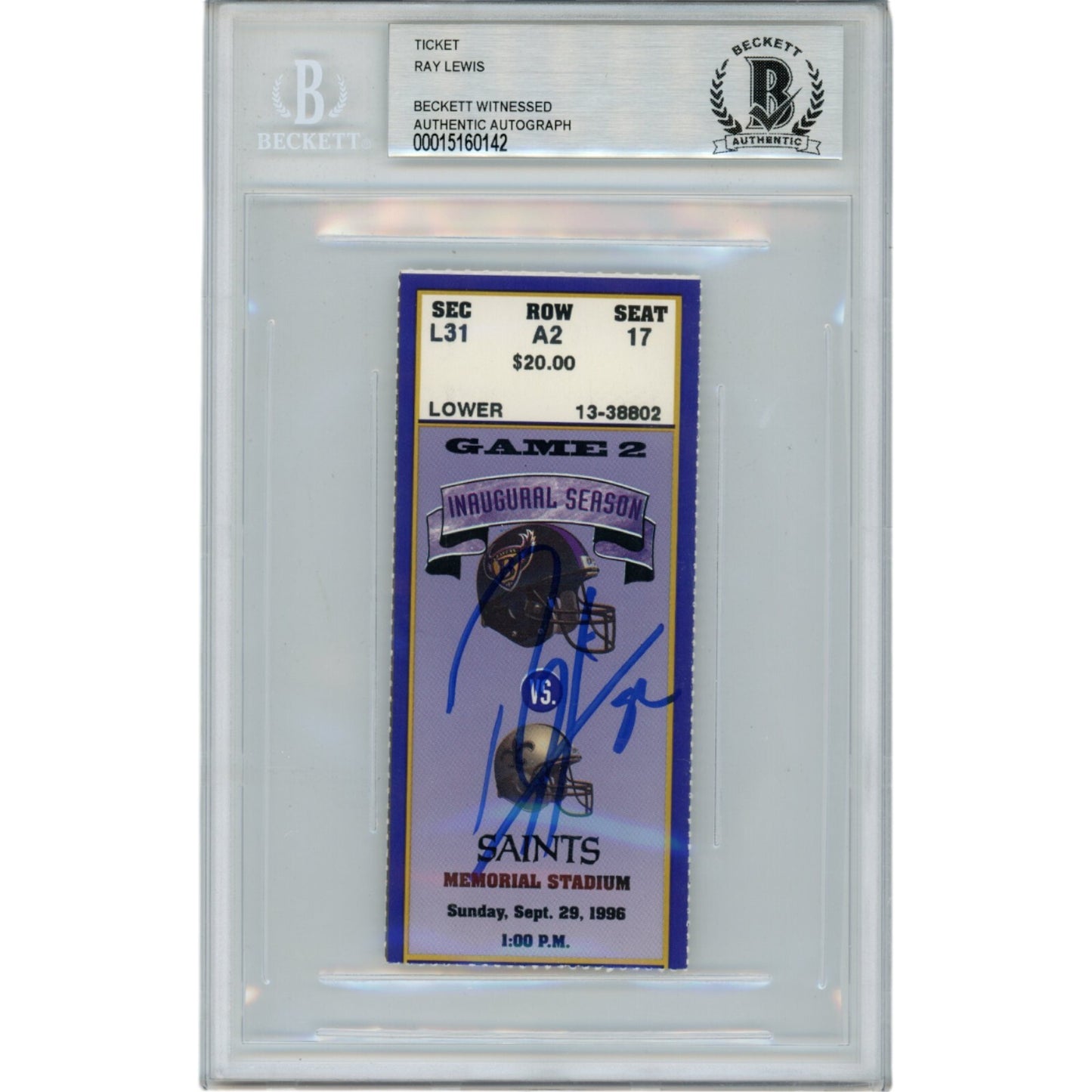 Ray Lewis Autographed Baltimore Ravens 09/29/96 Ticket Stub Beckett Slabbed