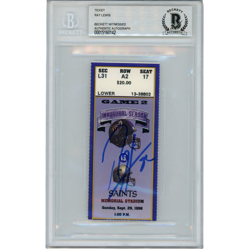 Ray Lewis Autographed Baltimore Ravens 09/29/96 Ticket Stub Beckett Slabbed