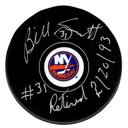 Billy Smith Signed New York Islanders Puck with #31 Retired Inscription