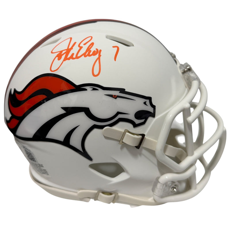 John Elway Denver Broncos Signed Flat White Mini Helmet Beckett Witness