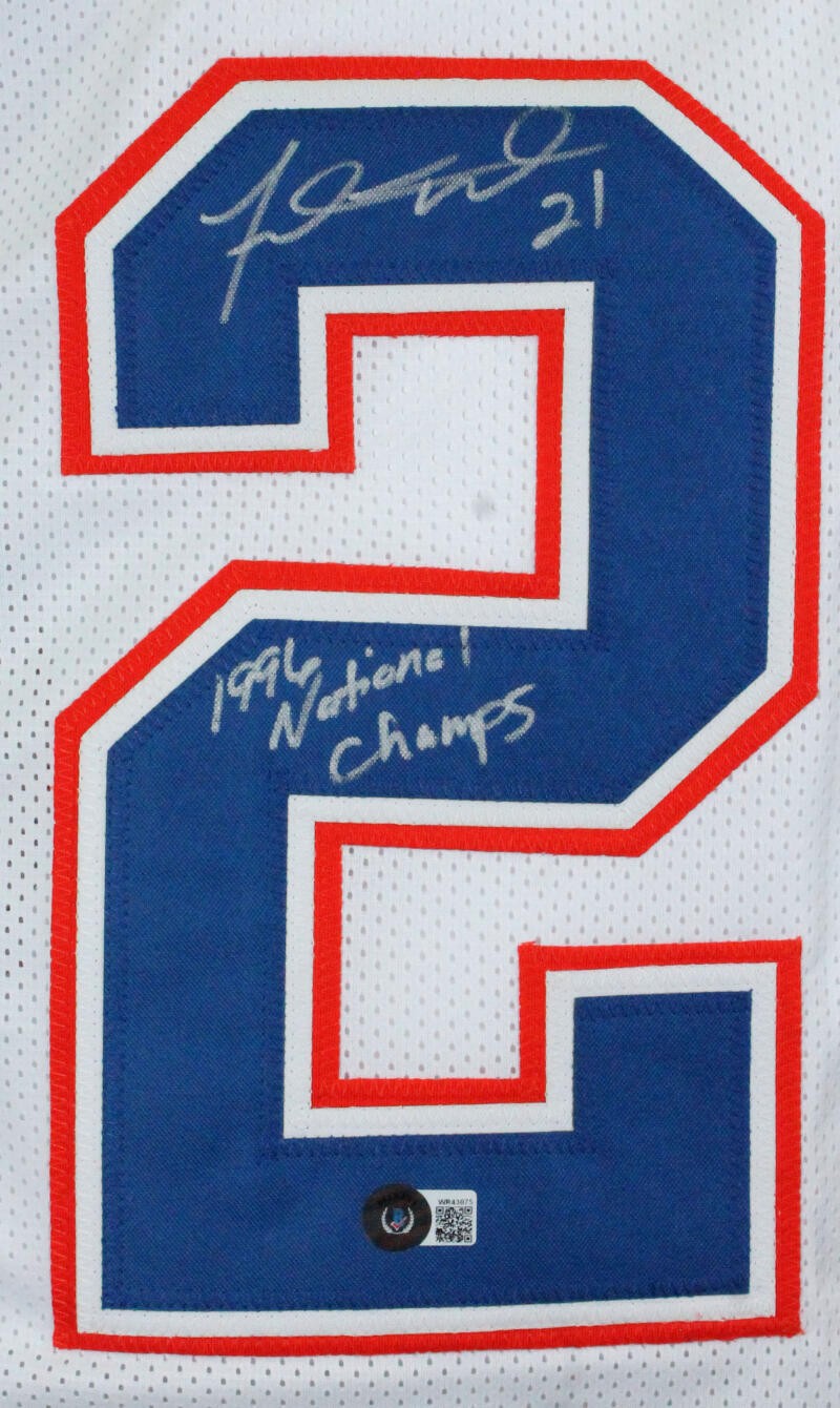 Fred Taylor Signed White Custom Jersey "96 Natl Champs" Inscription