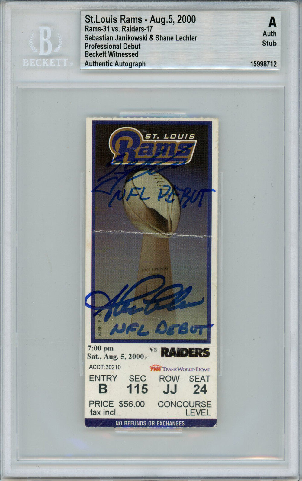 Janikowski & Lechler Signed Oakland Raiders NFL Debut Ticket Beckett Slabbed