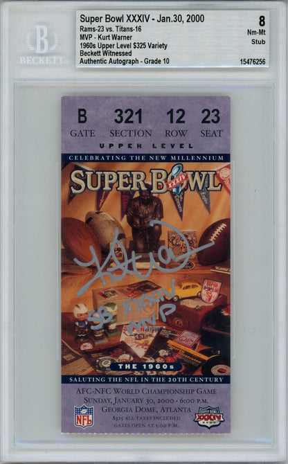 Kurt Warner Signed St. Louis Rams Super Bowl XXXIV Ticket Stub BAS Grade 8