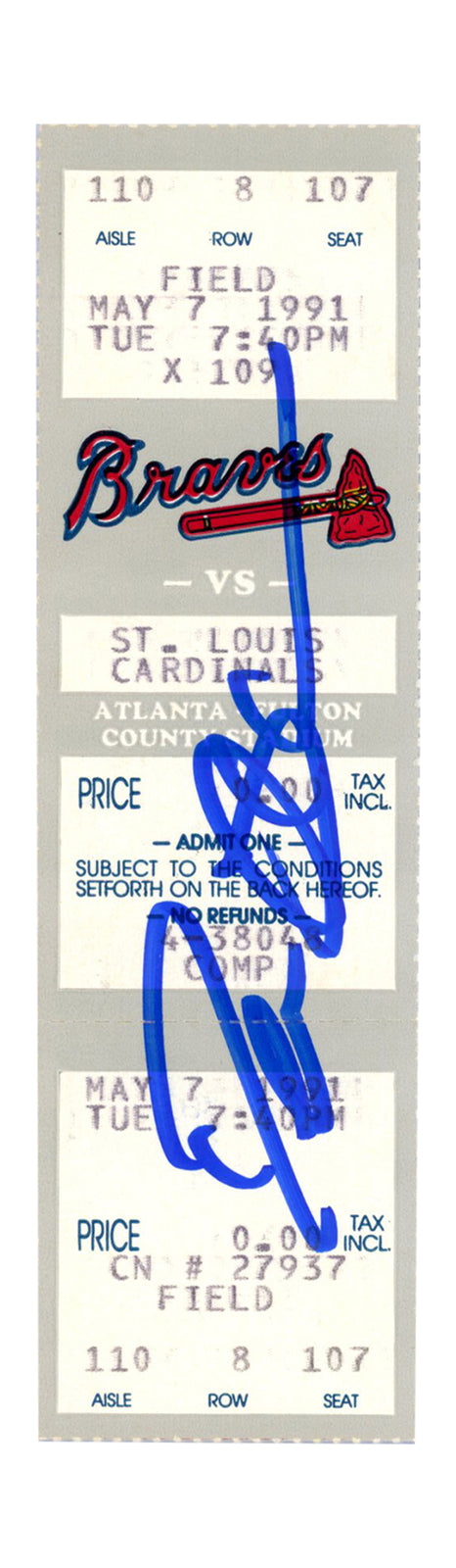 Deion Sanders Signed Atlanta Braves 5/7/1991 Ticket Beckett BAS