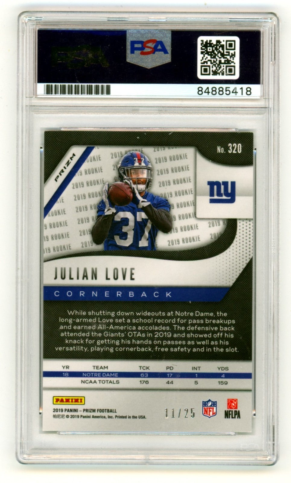 Julian Love Signed 2019 Panini Prizm Camo Prizm Rookie Card /25 PSA 10