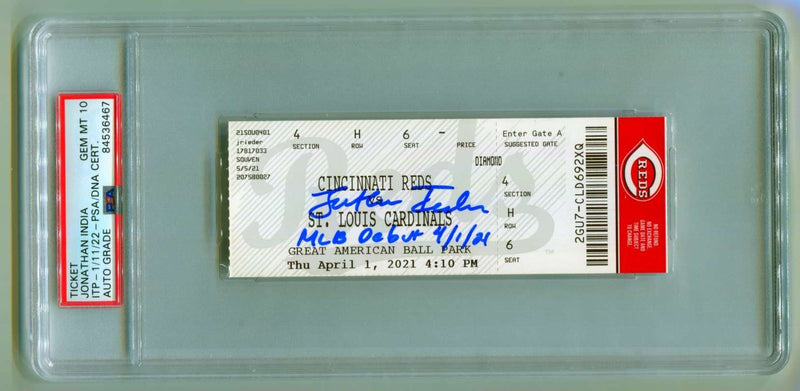 Jonathan India Signed MLB Debut Ticket PSA 10 Auto w/ Inscription