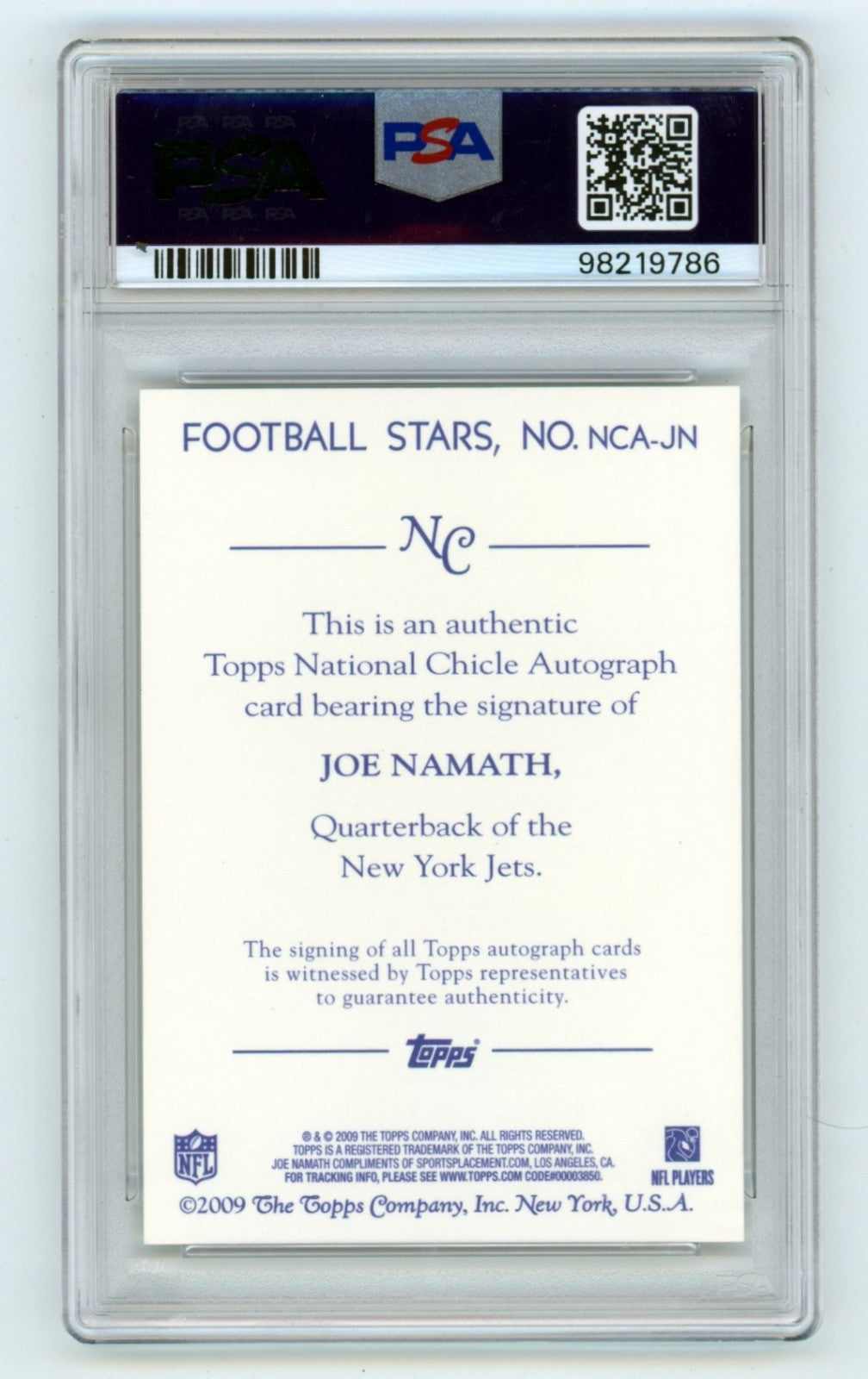 Joe Namath 2009 Topps National Chicle Legends Signed Card PSA 10 GEM