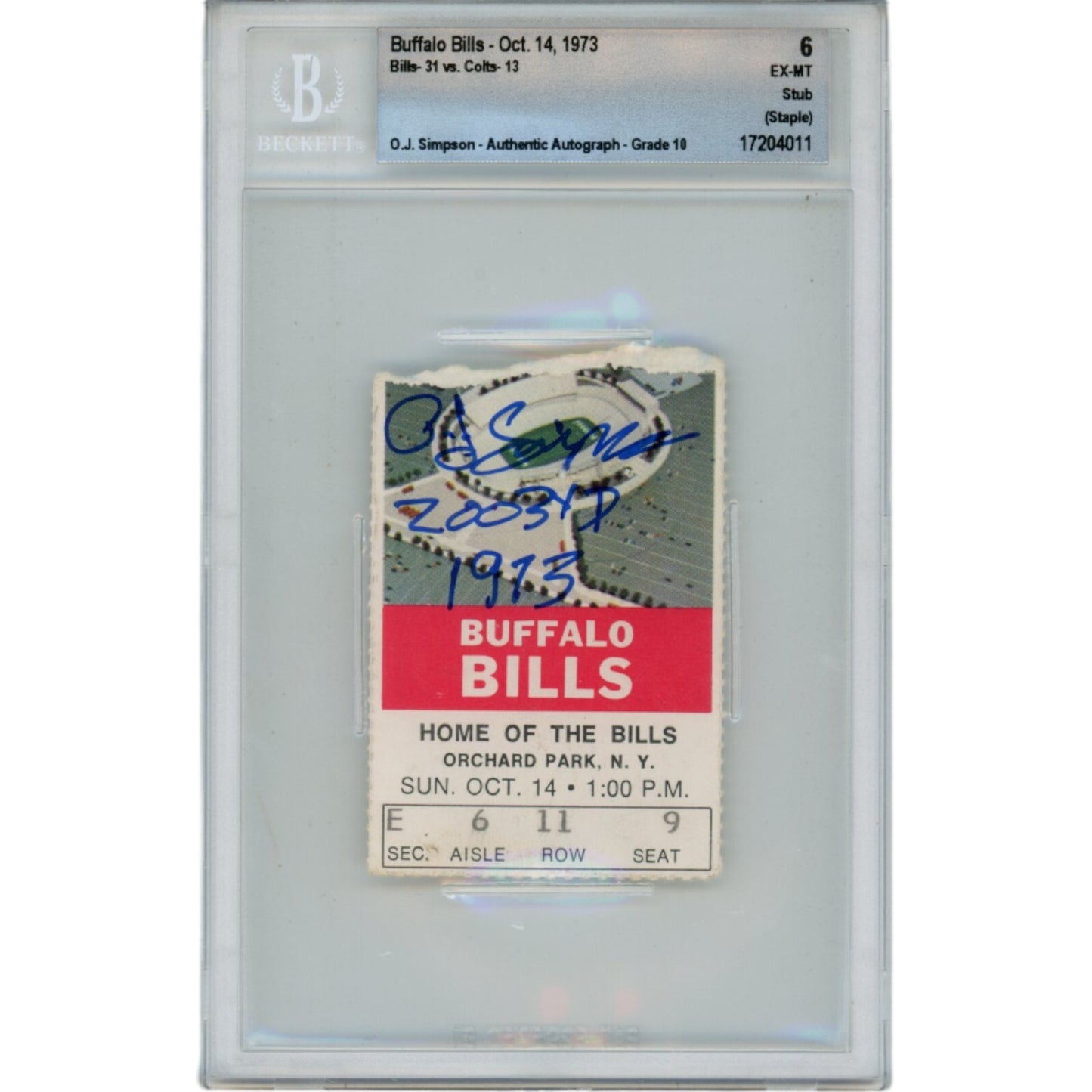 OJ Simpson Signed Buffalo Bills 10/14/73 Ticket Stub (2003 Yds Inscription)