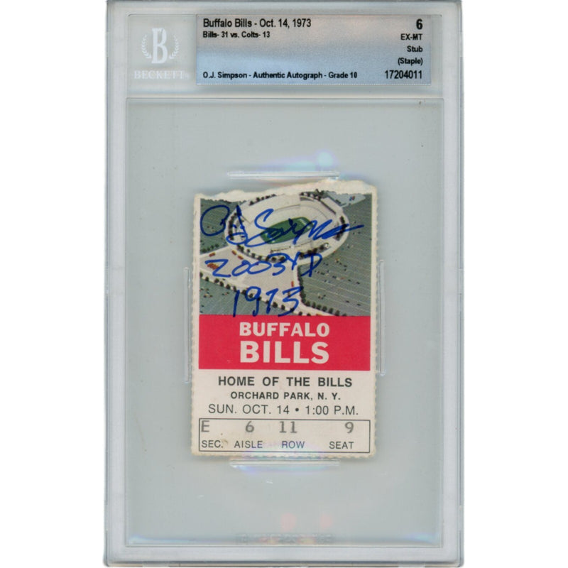 OJ Simpson Signed Buffalo Bills 10/14/73 Ticket Stub (2003 Yds Inscription)