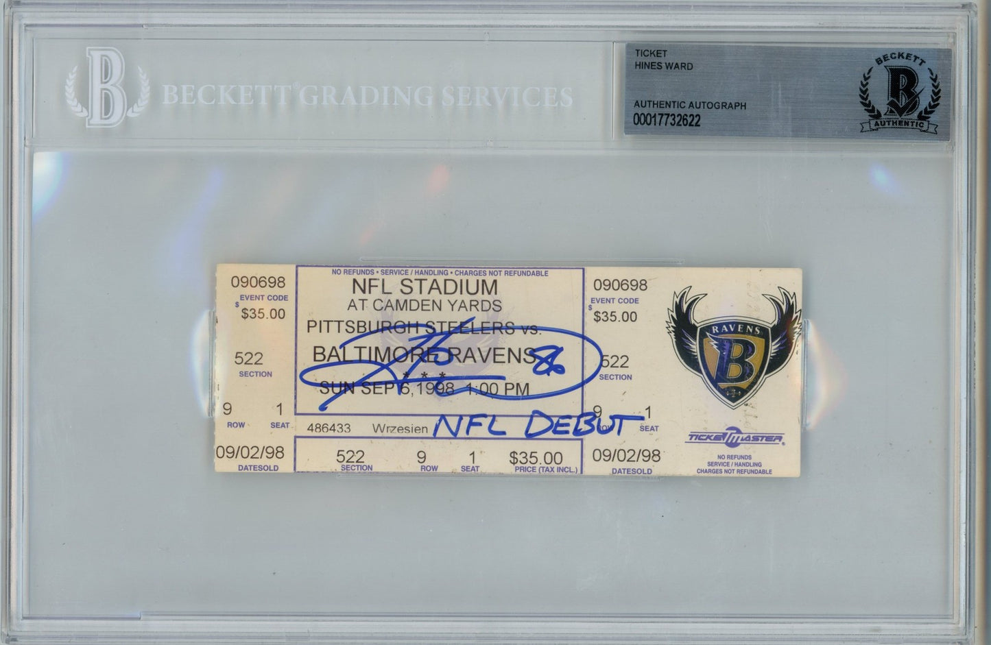 Hines Ward Autographed Pittsburgh Steelers NFL Debut Ticket (Beckett Slab)