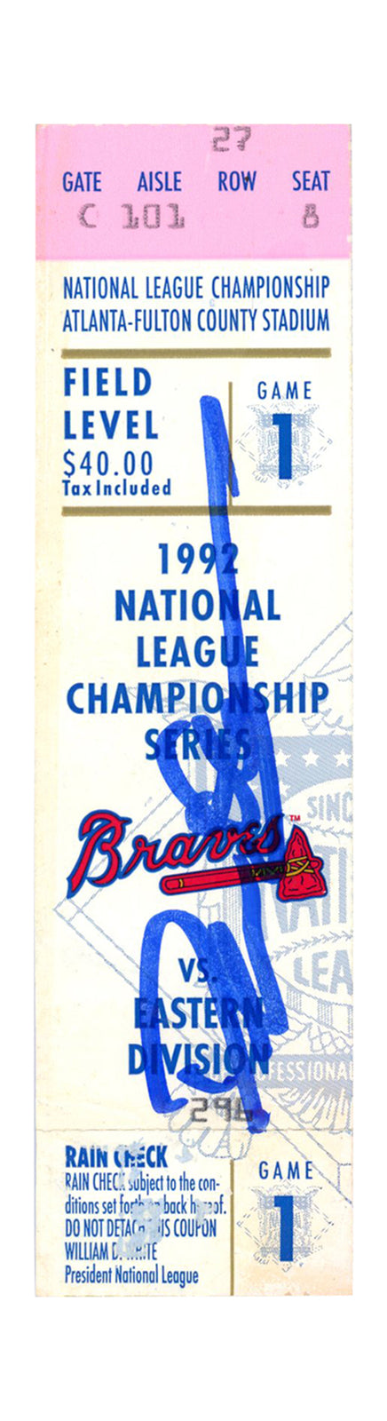 Deion Sanders Autographed Atlanta Braves 1992 NLCS Game 1 Ticket Stub