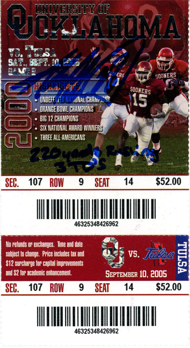 Adrian Peterson Signed Oklahoma Sooners Ticket Stub (220 Yds 3TD Inscr)