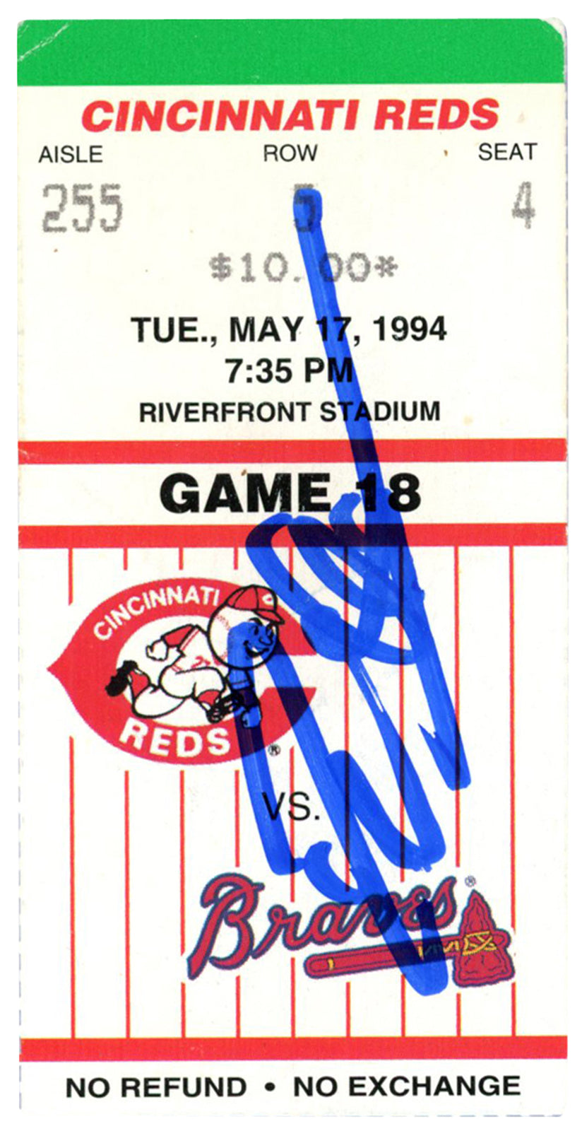 Deion Sanders Signed Atlanta Braves May 17 1994 vs Reds Ticket Stub BAS