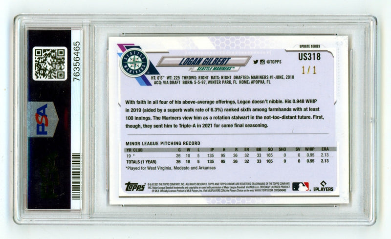 Logan Gilbert Signed 2021 Topps Chrome Sapphire Padparadscha RC 1/1 PSA 10
