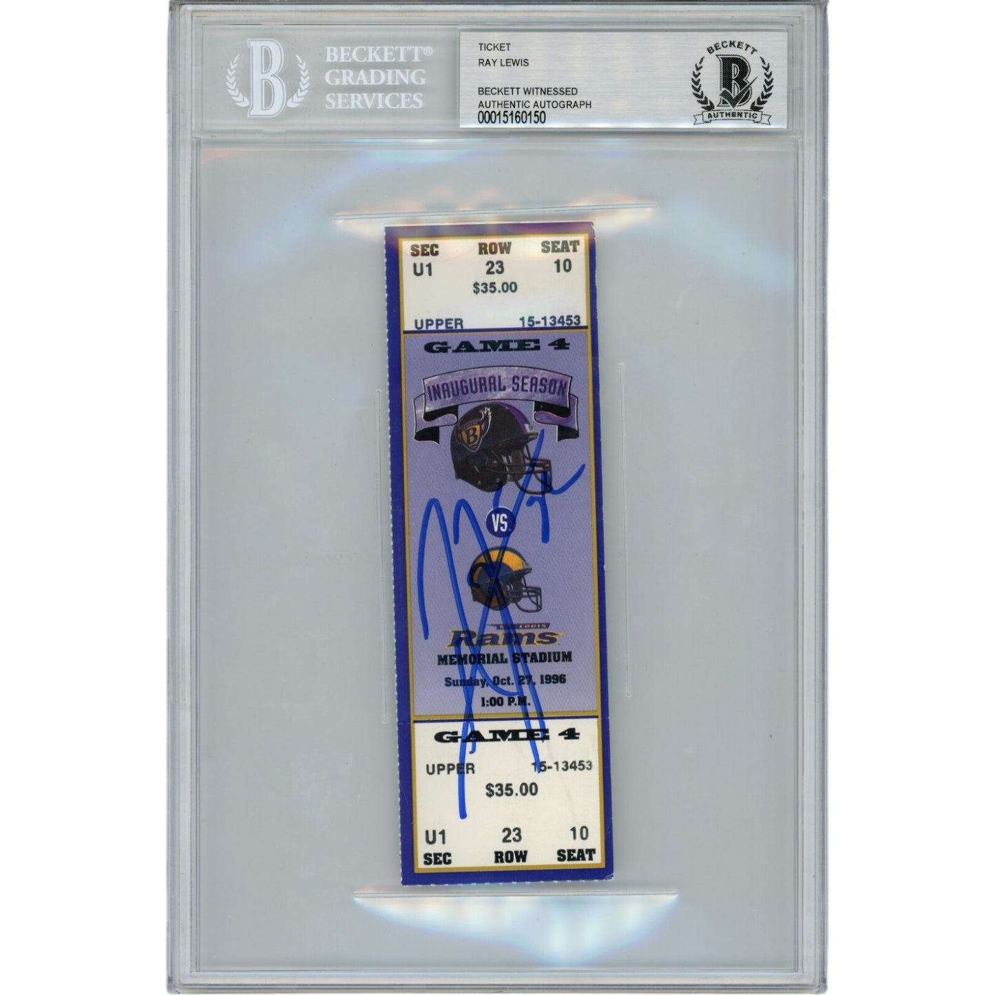 Ray Lewis Signed Baltimore Ravens 10/27/96 Full Ticket Stub Slabbed BAS