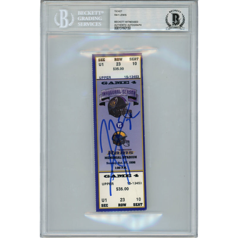 Ray Lewis Signed Baltimore Ravens 10/27/96 Full Ticket Stub Slabbed BAS