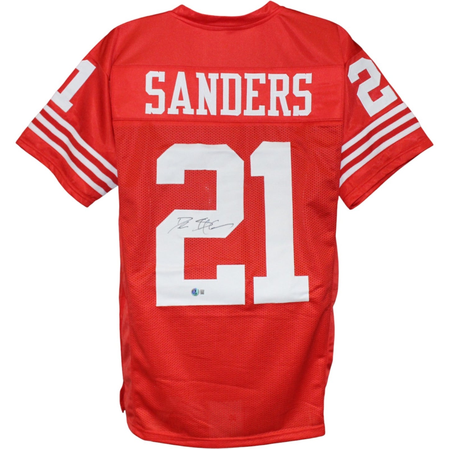 Deion Sanders Autographed Red Pro Style Custom Jersey (BAS Witnessed)