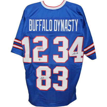 Jim Kelly, Thurman Thomas & Andre Reed Autographed Blue Custom Jersey