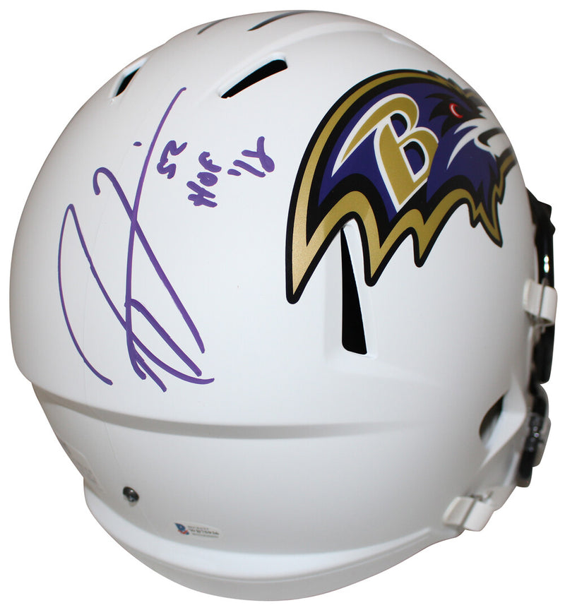 Ray Lewis Signed Baltimore Ravens Full Size Flat White Helmet HOF (BAS)