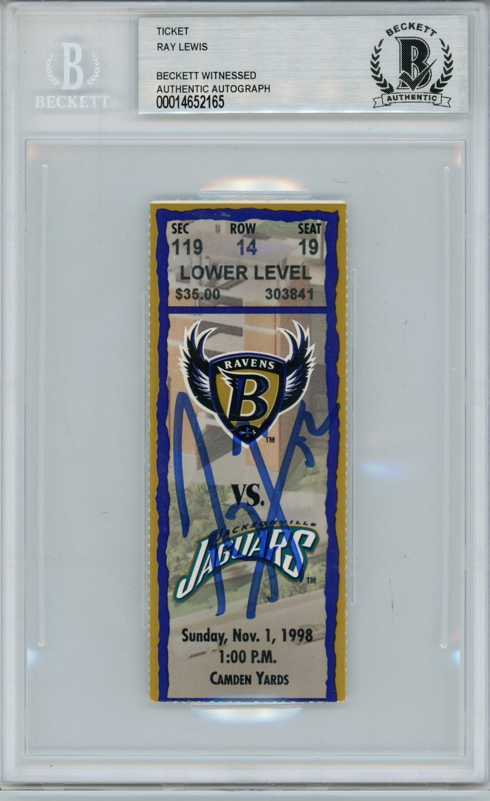 Ray Lewis Signed Baltimore Ravens Ticket Stub 11/1/98 BAS Slabbed