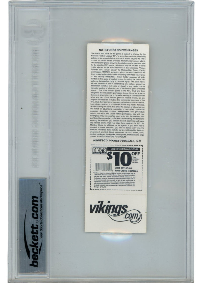 Adrian Peterson Autographed Minnesota Vikings 2007 ROY Inscribed Slabbed Ticket