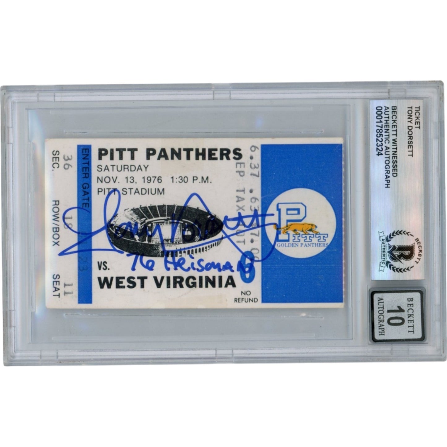 Tony Dorsett Signed Pittsburgh Panthers 1976 Ticket Stub BAS Slabbed