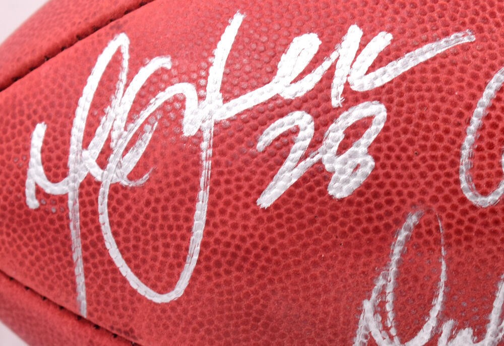 Marshall Faulk, Kurt Warner & Dick Vermeil Signed Wilson Duke Football