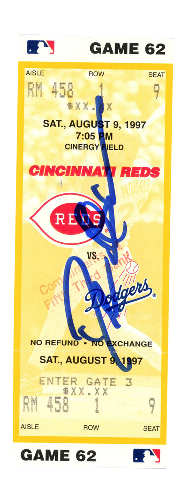 Deion Sanders Signed Cincinnati Reds vs Dodgers 8/9/1997 Ticket Stub BAS