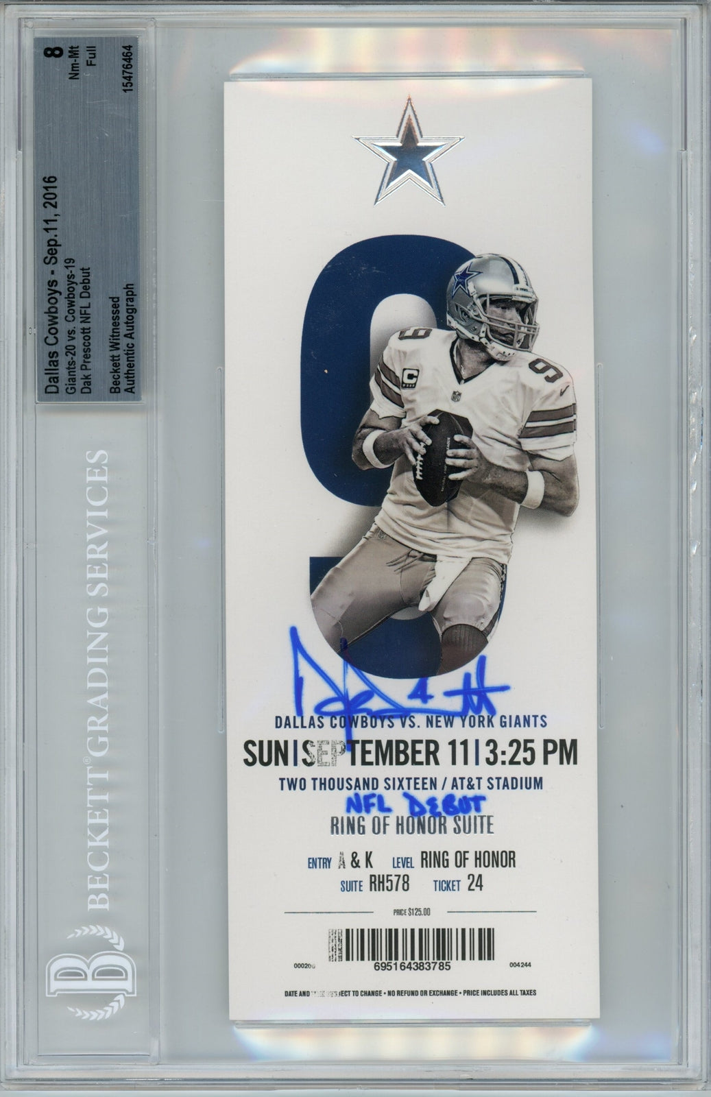 Dak Prescott Signed Dallas Cowboys NFL Debut Ticket Stub - Beckett