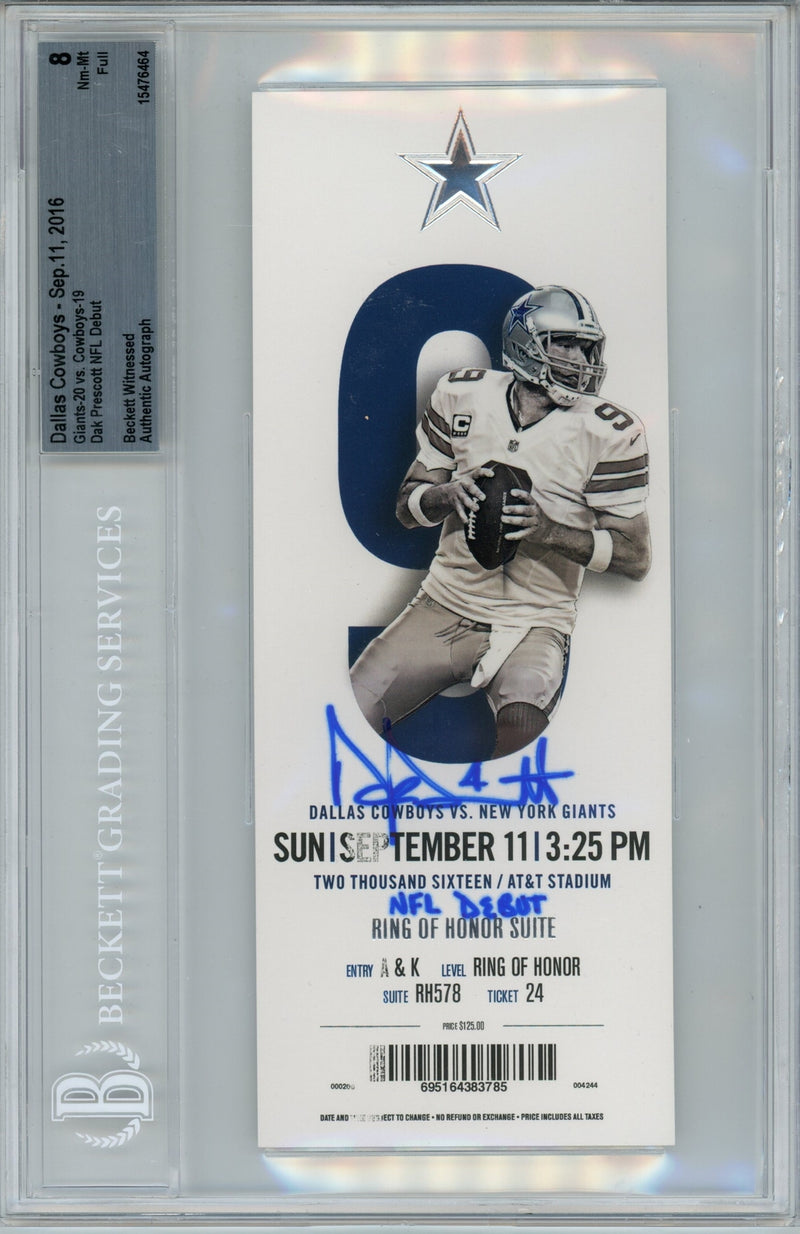 Dak Prescott Signed Dallas Cowboys NFL Debut Ticket Stub - Beckett