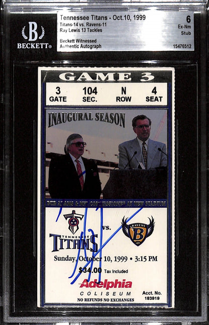 Ray Lewis Signed Baltimore Ravens 10/10/99 Slabbed Ticket Grade 6 Beckett
