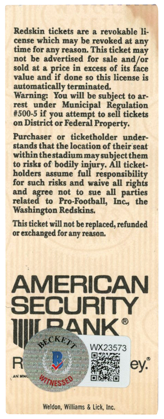 Deion Sanders Signed Atlanta Falcons vs. Redskins 1/4/1992 Ticket Stub