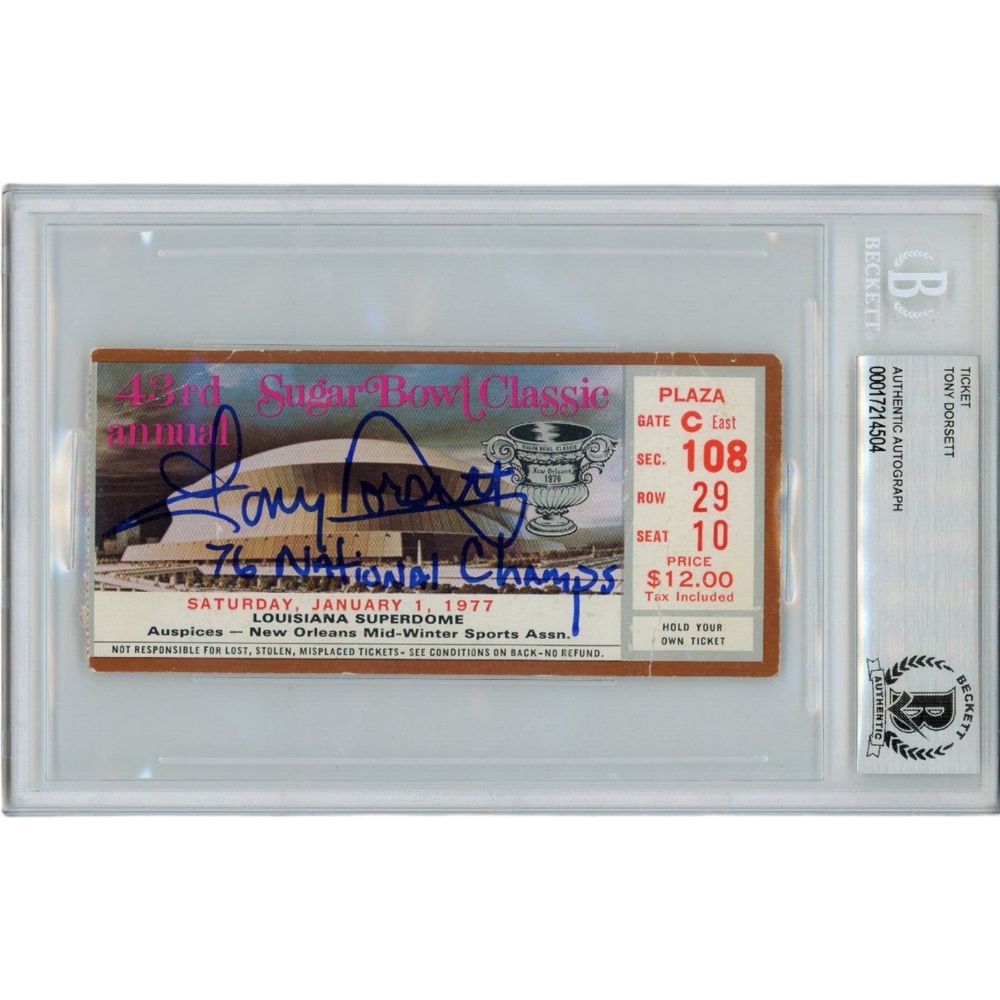 Tony Dorsett Signed Pittsburgh Panthers 1976 Ticket Stub "1976 Heisman" BAS