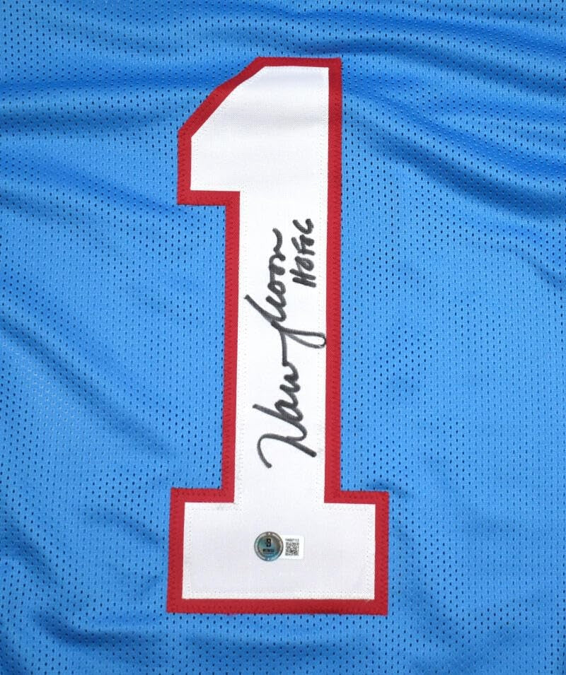Warren Moon Autographed Blue Custom Jersey (HOF Inscription)