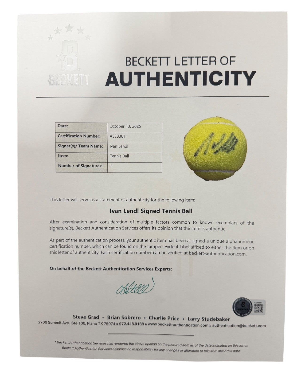 Ivan Lendl Autographed Wilson Tennis Ball - Beckett COA
