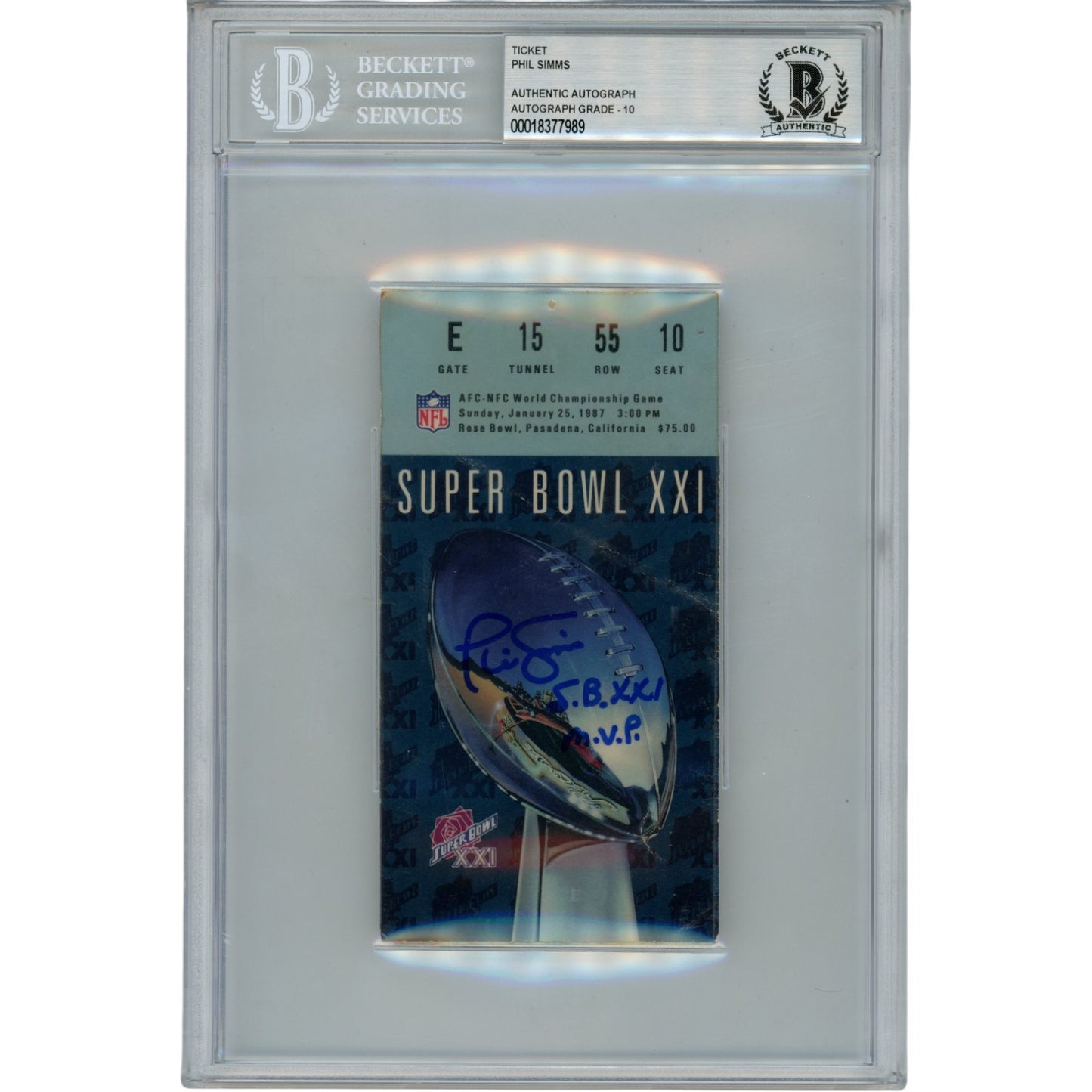 Phil Simms Autographed New York Giants Super Bowl XXI Ticket Stub SB MVP
