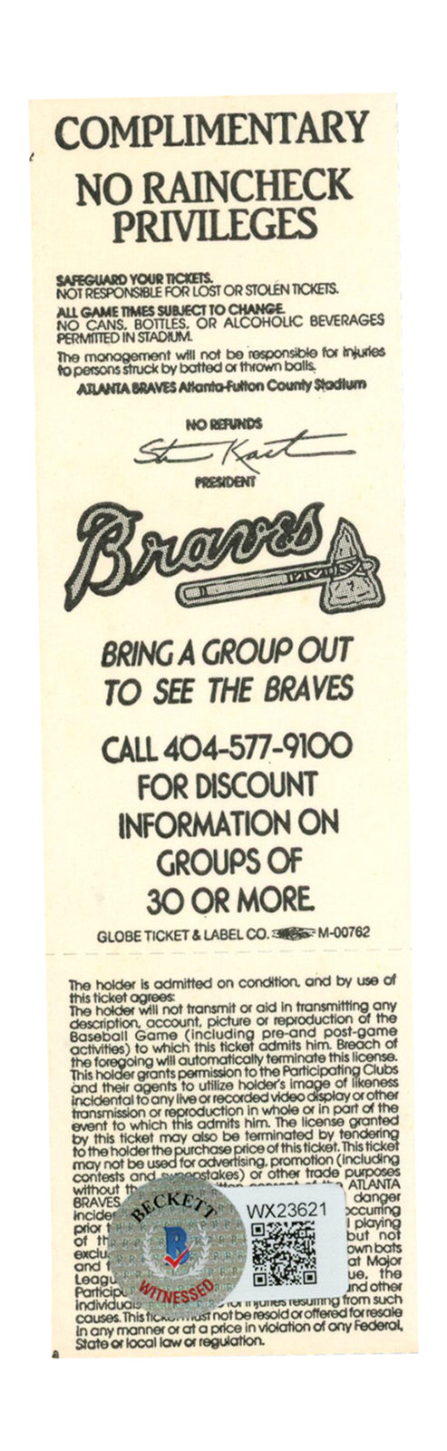 Deion Sanders Signed Atlanta Braves 1991 Game Ticket Stub (Beckett)
