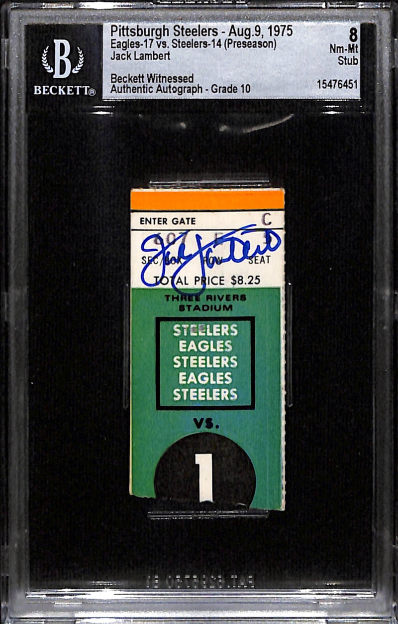 Jack Lambert Signed Pittsburgh Steelers 1975 Ticket Stub Slab Beckett BAS