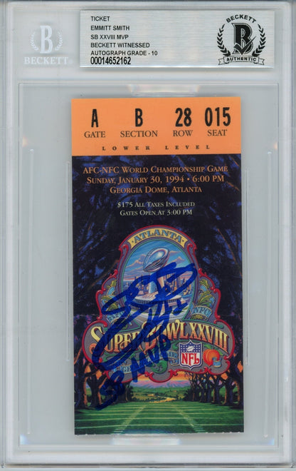 Emmitt Smith Signed Dallas Cowboys Super Bowl XXVIII Ticket Stub BAS Slab