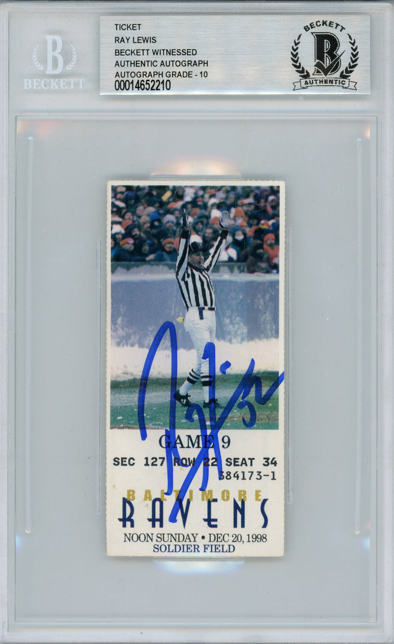 Ray Lewis Signed Baltimore Ravens 12/20/1998 vs Bears Ticket Beckett Slab