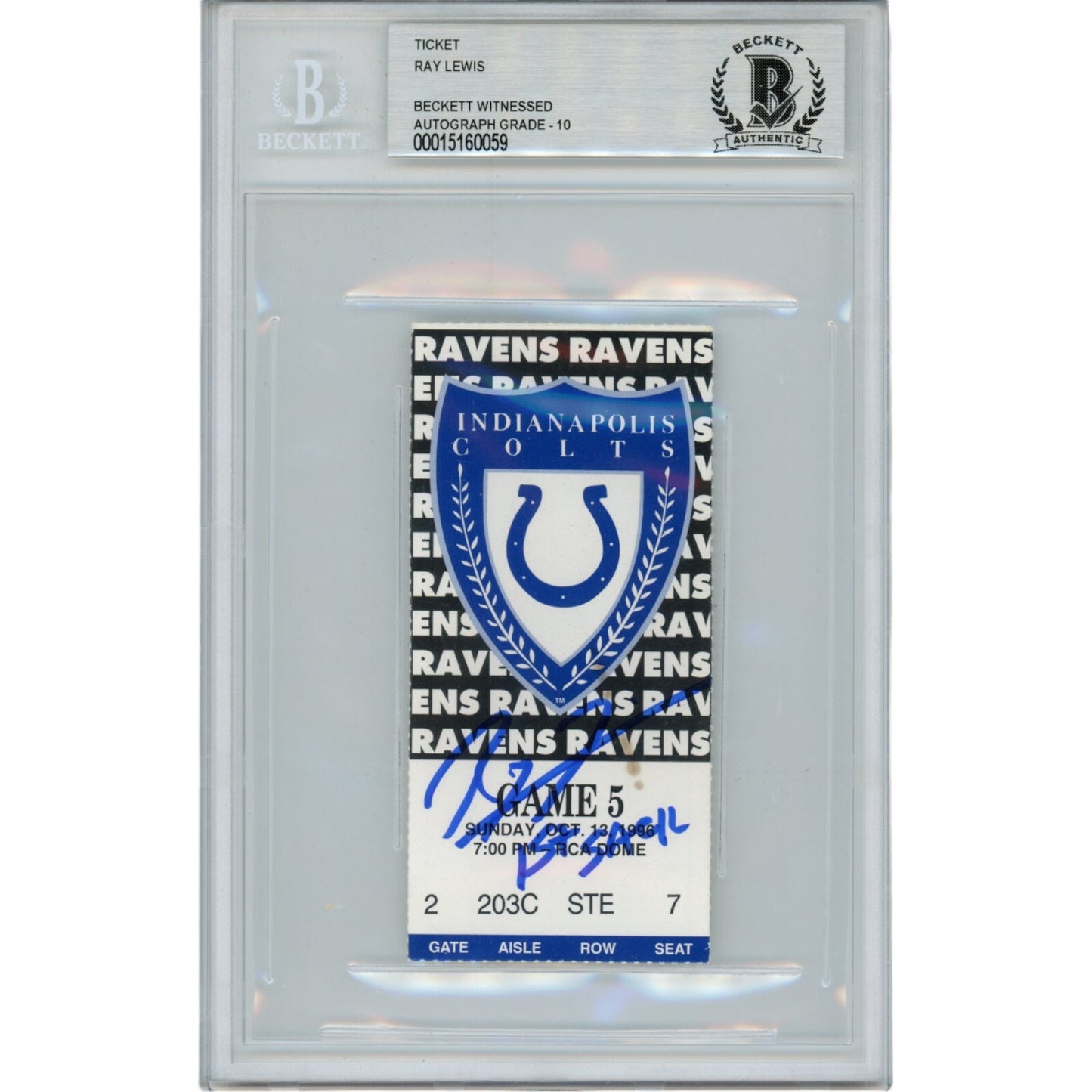 Ray Lewis Signed Baltimore Ravens 10/13/96 1st Sack Ticket Stub (Beckett)