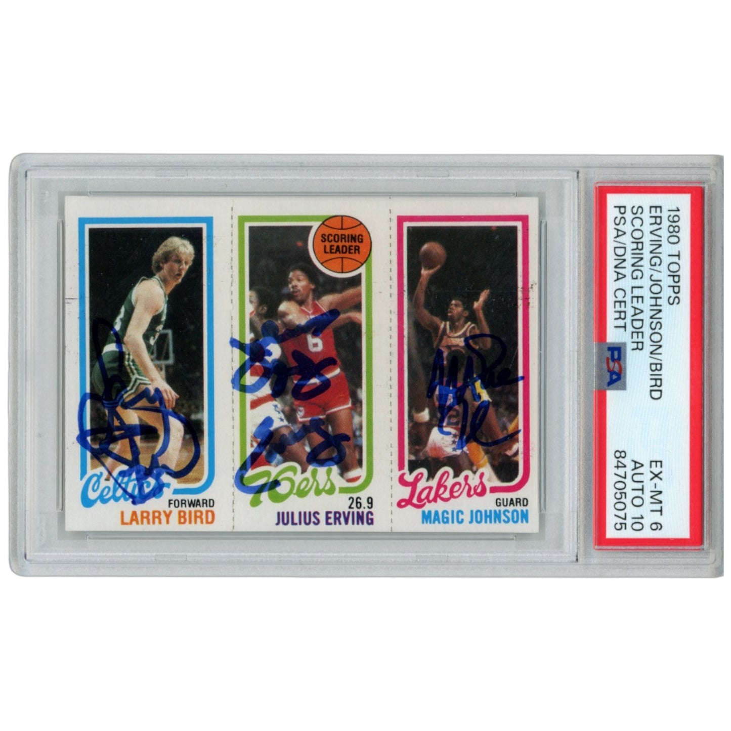 Larry Bird, Magic Johnson & Julius Erving Signed 1980 Topps Rookie Card PSA 6/10