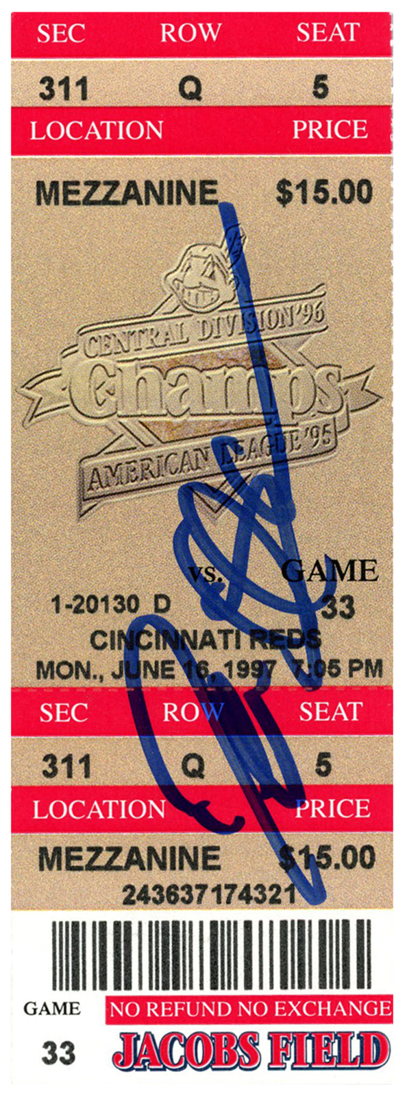 Deion Sanders Signed Cincinnati Reds 6/16/1997 Game Ticket Stub Beckett BAS