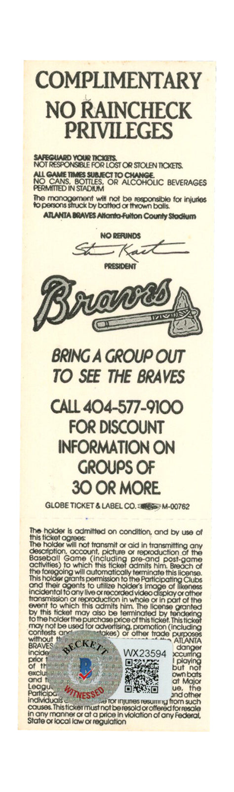 Deion Sanders Autographed Atlanta Braves Full Ticket (5/4/1991 vs Cubs) BAS