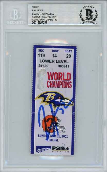 Ray Lewis Autographed 2001 Game Ticket Baltimore Ravens BAS Slabbed