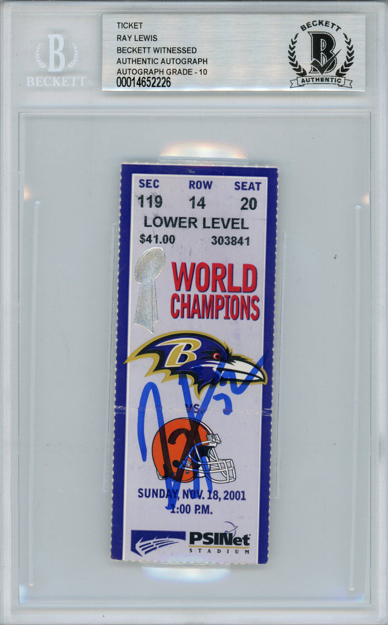 Ray Lewis Autographed 2001 Game Ticket Baltimore Ravens BAS Slabbed