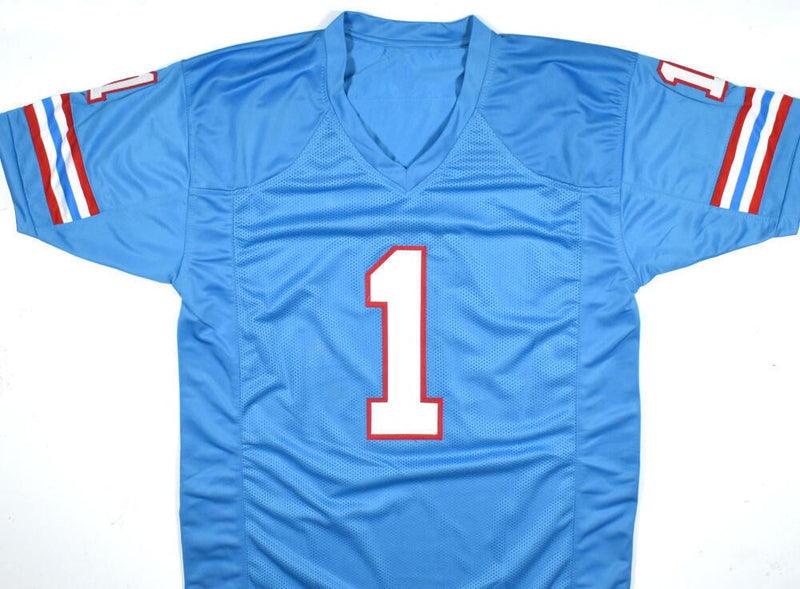 Warren Moon Autographed Blue Custom Jersey (HOF Inscription)