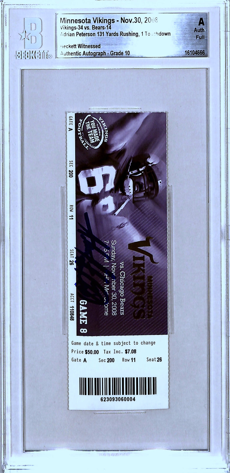Adrian Peterson Signed Minnesota Vikings Ticket Stub 11/30/08 Beckett
