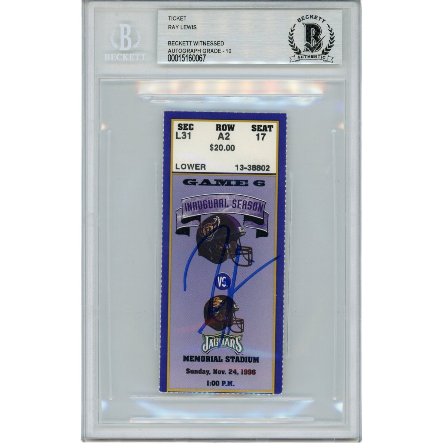 Ray Lewis Baltimore Ravens Autographed 11/24/96 Ticket Stub (BAS Slabbed)